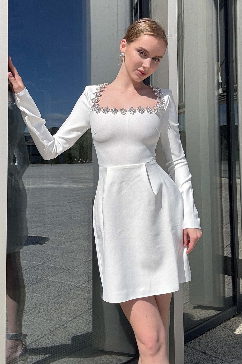 Solana Embellished Square-Neck White Mini Dress