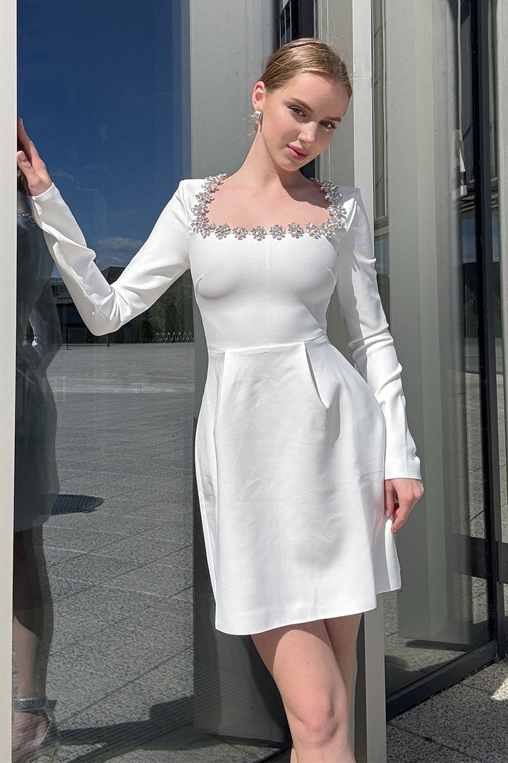 Solana Embellished Square-Neck White Mini Dress