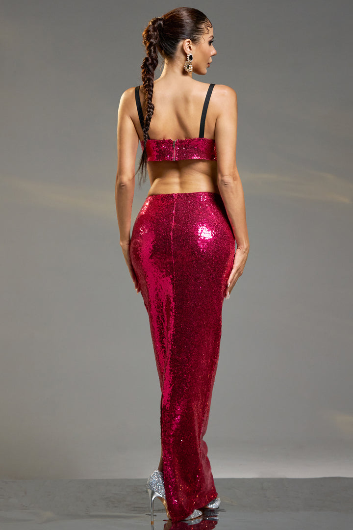 Sesidy Eleanore Corset Sequin Two Piece Set in Red