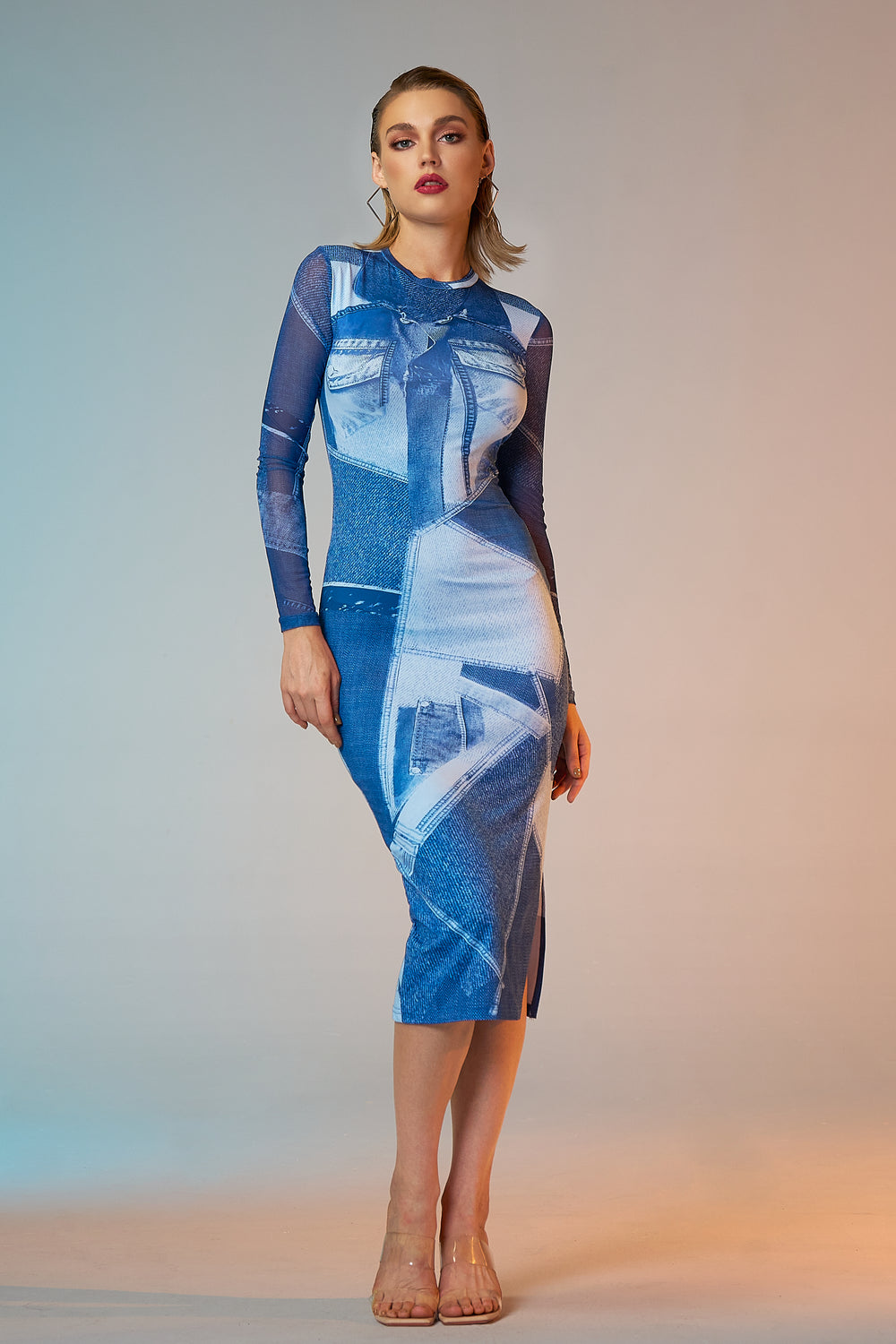 Sesidy Genesis Blue Printed Midi Dress in Blue