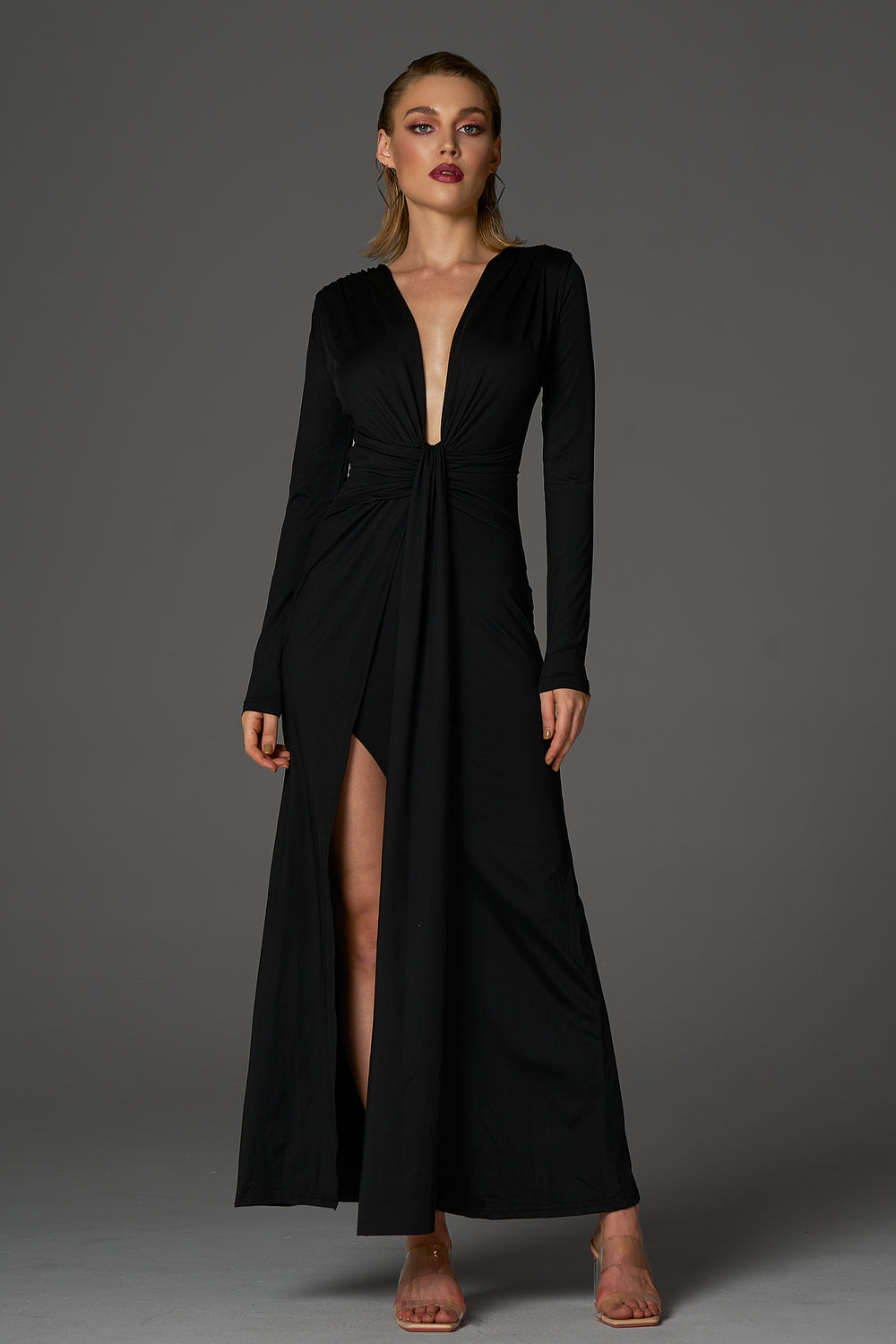 Sesidy Kennedi V-Neck High Slit Dress in Black