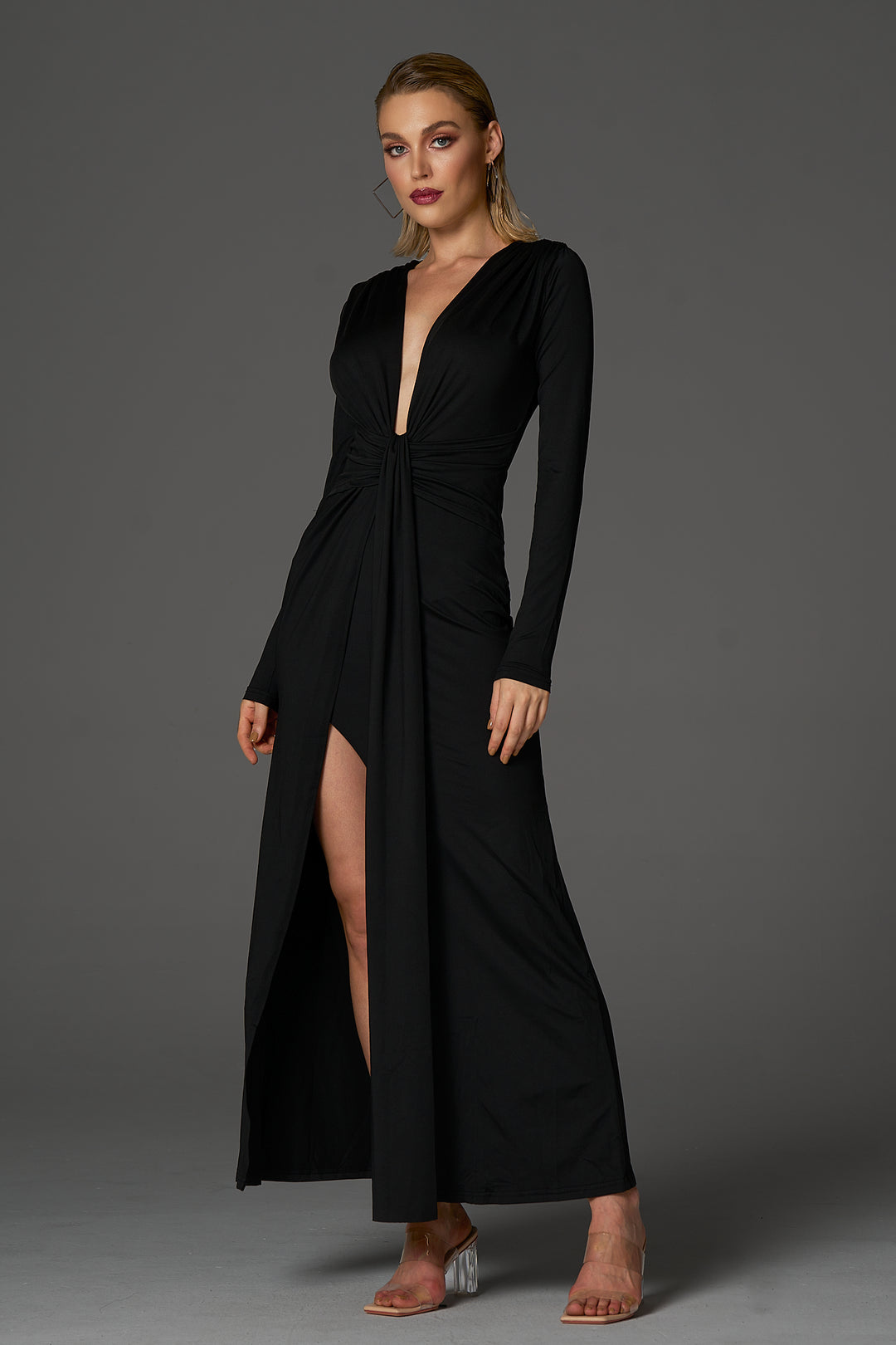 Sesidy Kennedi V-Neck High Slit Dress in Black