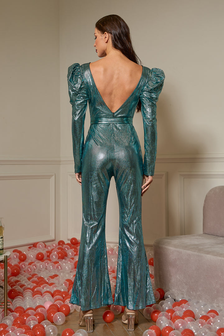 Sesidy Zenaide Metallic Puff Sleeve Jumpsuit in S
