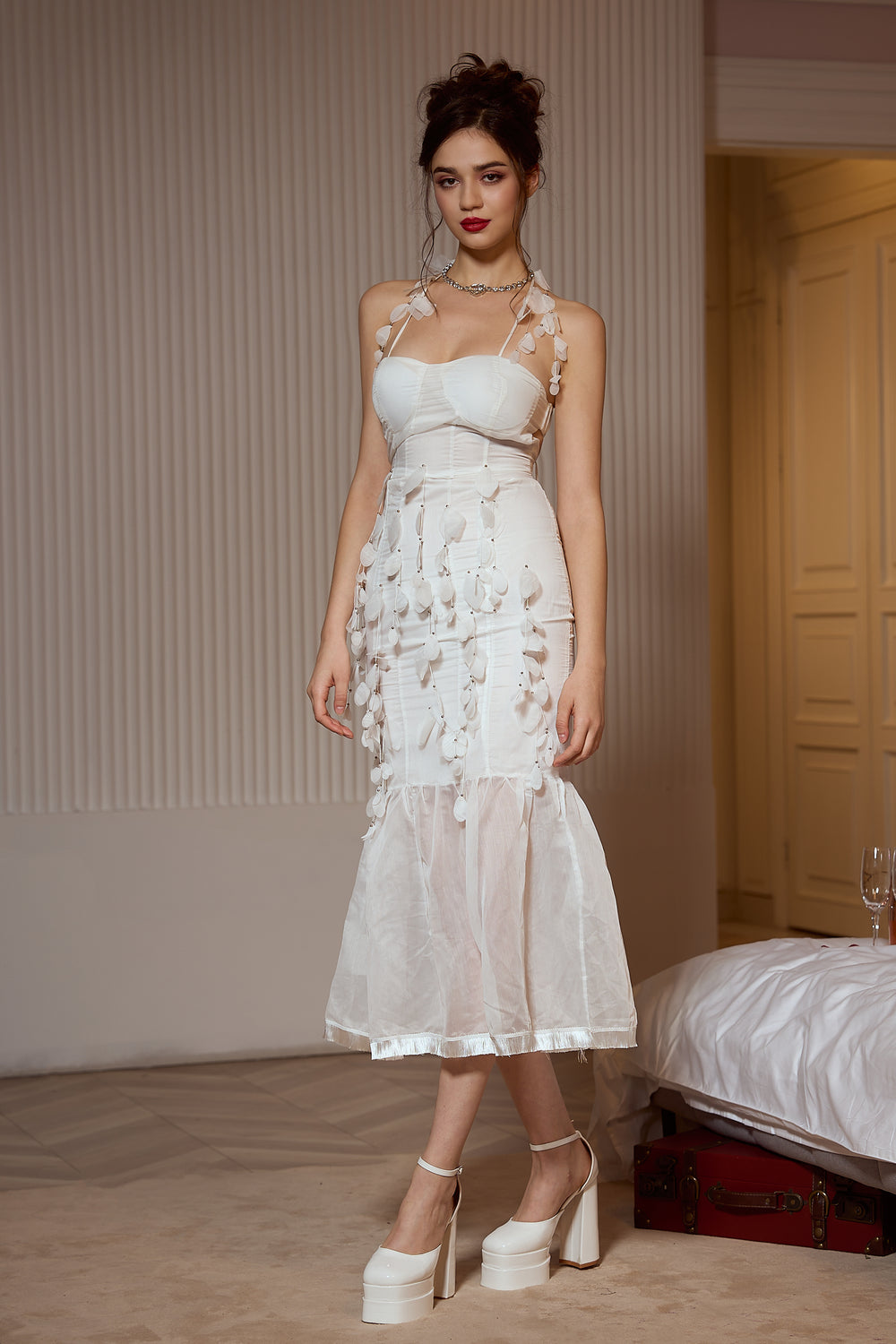 Sesidy Cassie White Flower Mesh Midi Dress in White