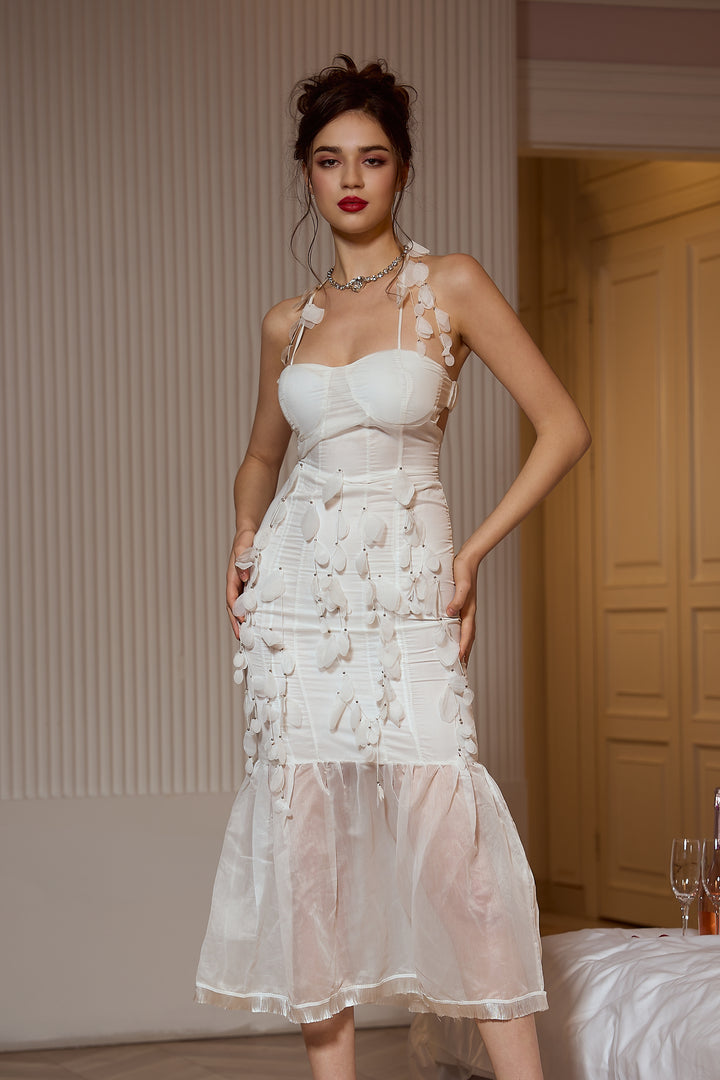 Sesidy Cassie White Flower Mesh Midi Dress in White