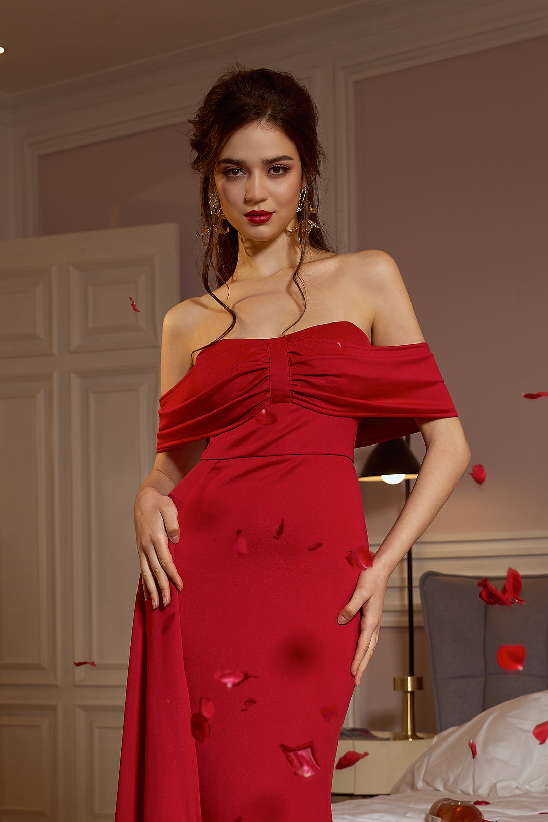 Sesidy Mellona Off Shoulder Flowy Red Dress in Red