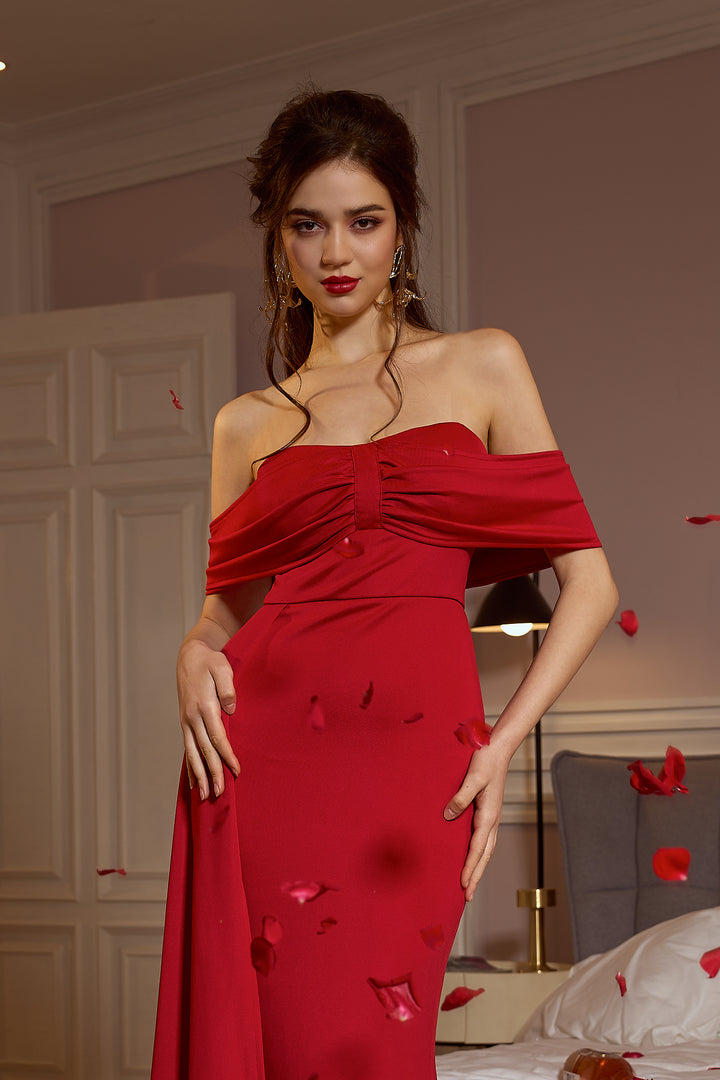 Sesidy Mellona Off Shoulder Flowy Red Dress in Red