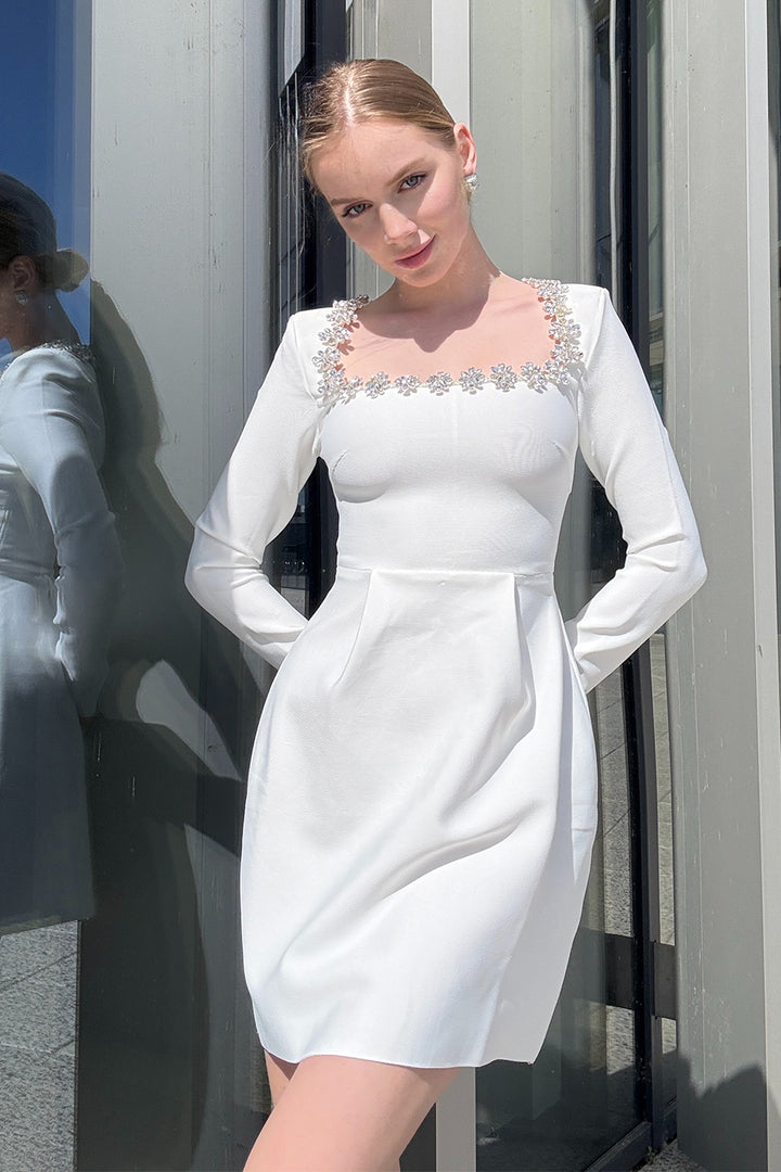 Solana Embellished Square-Neck White Mini Dress