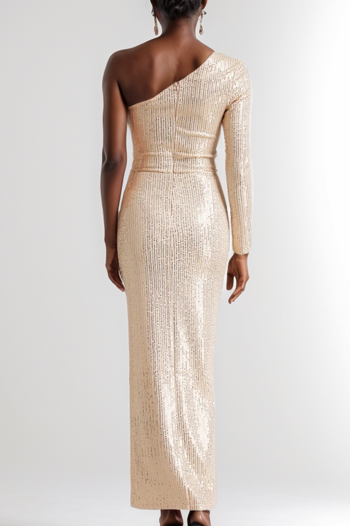 Elegant Sequin One-Shoulder Bodycon Maxi Dress