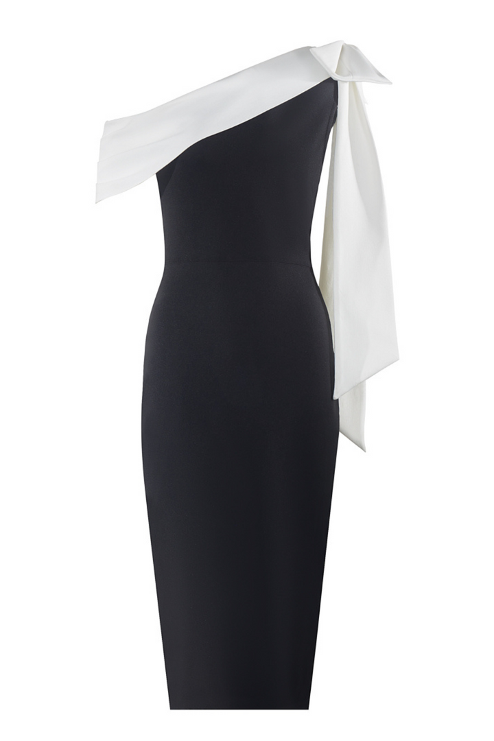 Sesidy Aria Asymmetrical Black Midi Dress in Black