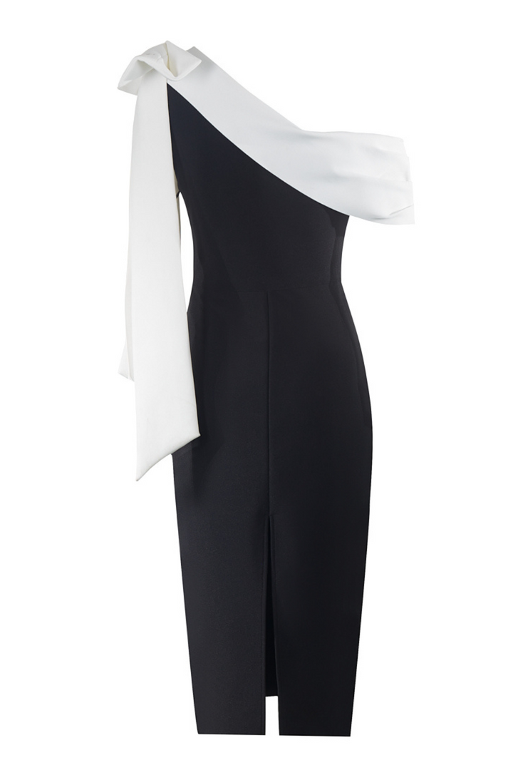 Sesidy Aria Asymmetrical Black Midi Dress in Black