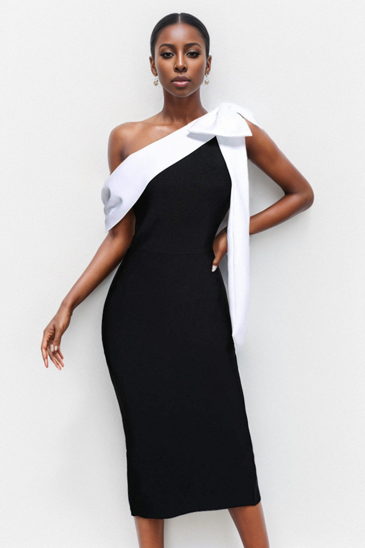 Sesidy Aria Asymmetrical Black Midi Dress in Black