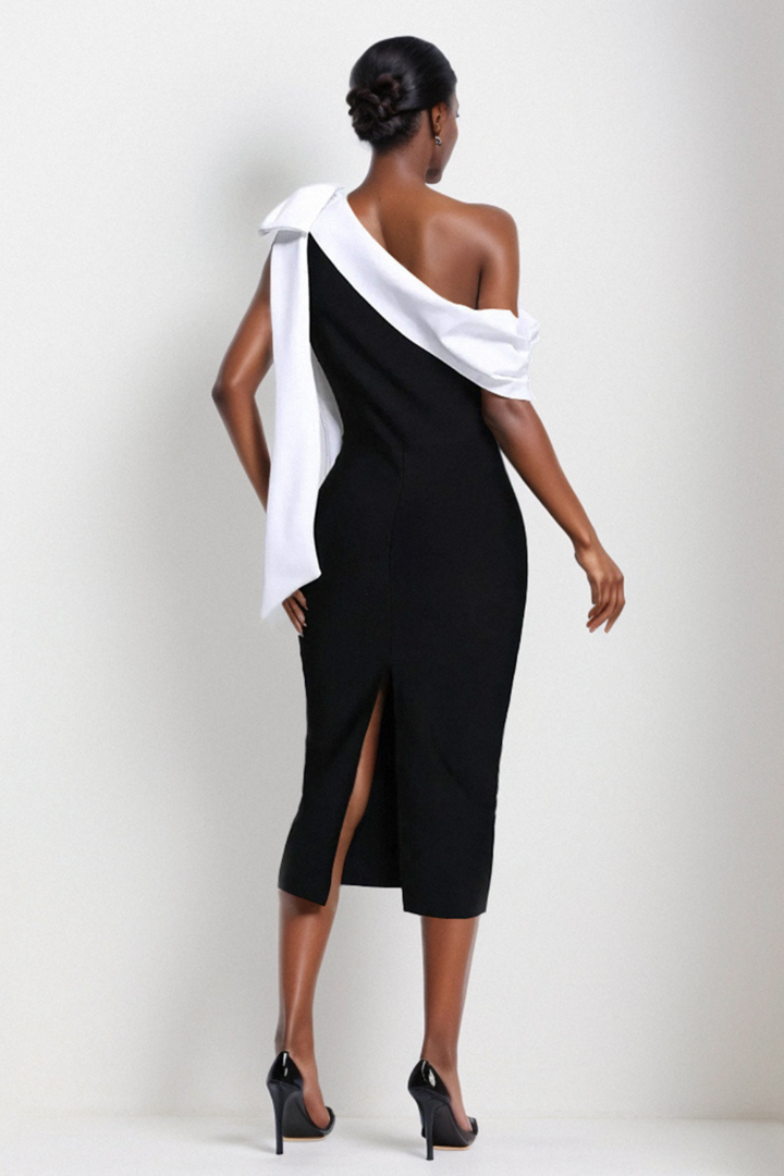 Sesidy Aria Asymmetrical Black Midi Dress in Black