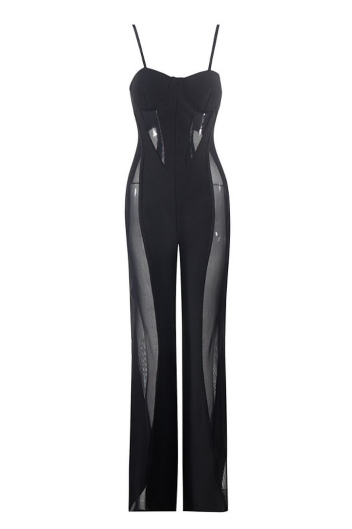 Sesidy Junia Sheer Panelled Black Jumpsuit in Black