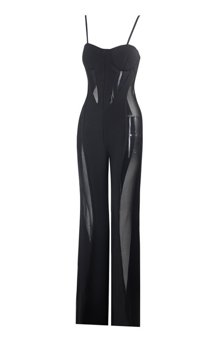 Sesidy Junia Sheer Panelled Black Jumpsuit in Black