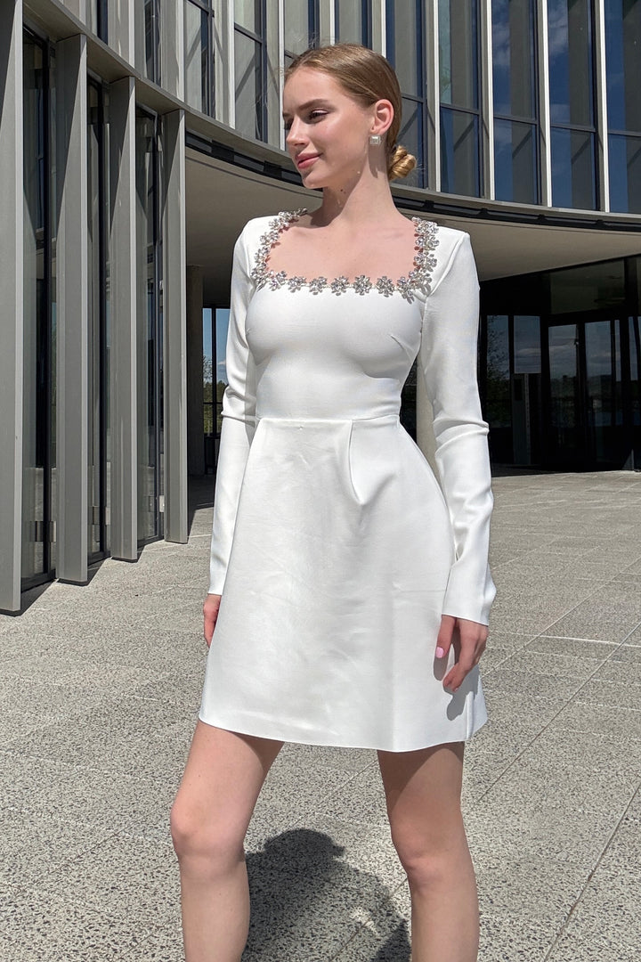 Solana Embellished Square-Neck White Mini Dress