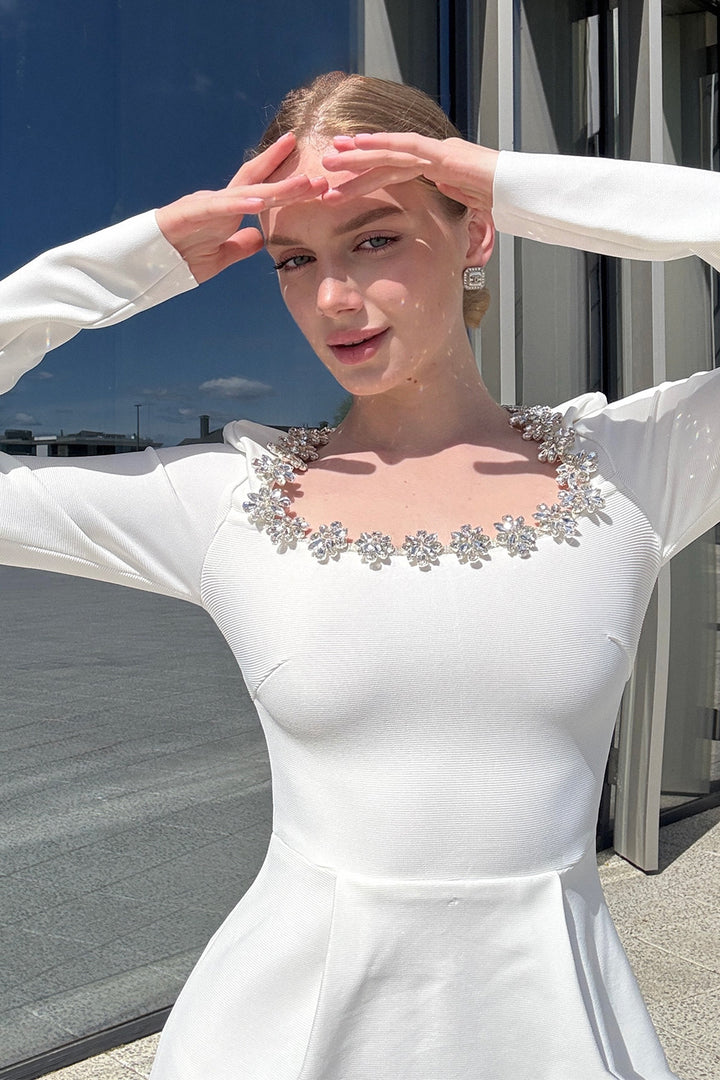 Solana Embellished Square-Neck White Mini Dress