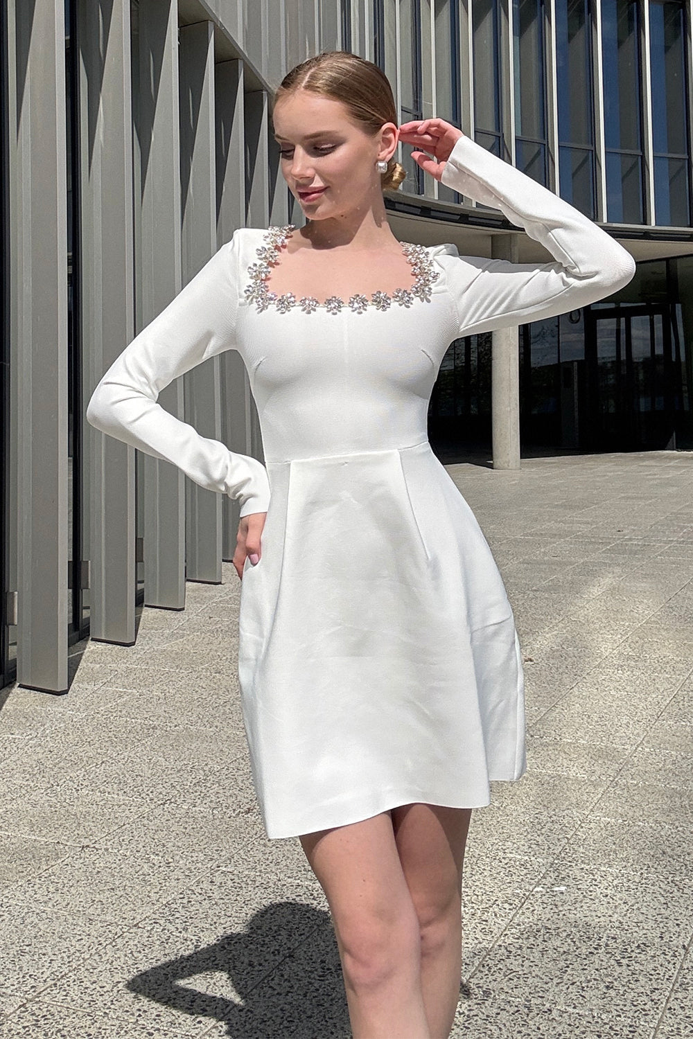 Solana Embellished Square-Neck White Mini Dress