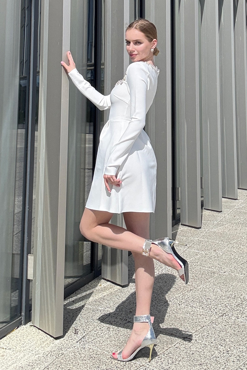 Solana Embellished Square-Neck White Mini Dress