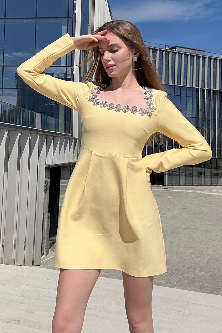 Daisy Embellished Square-Neck Bandage Mini Dress