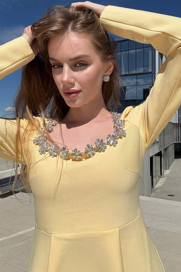 Daisy Embellished Square-Neck Bandage Mini Dress