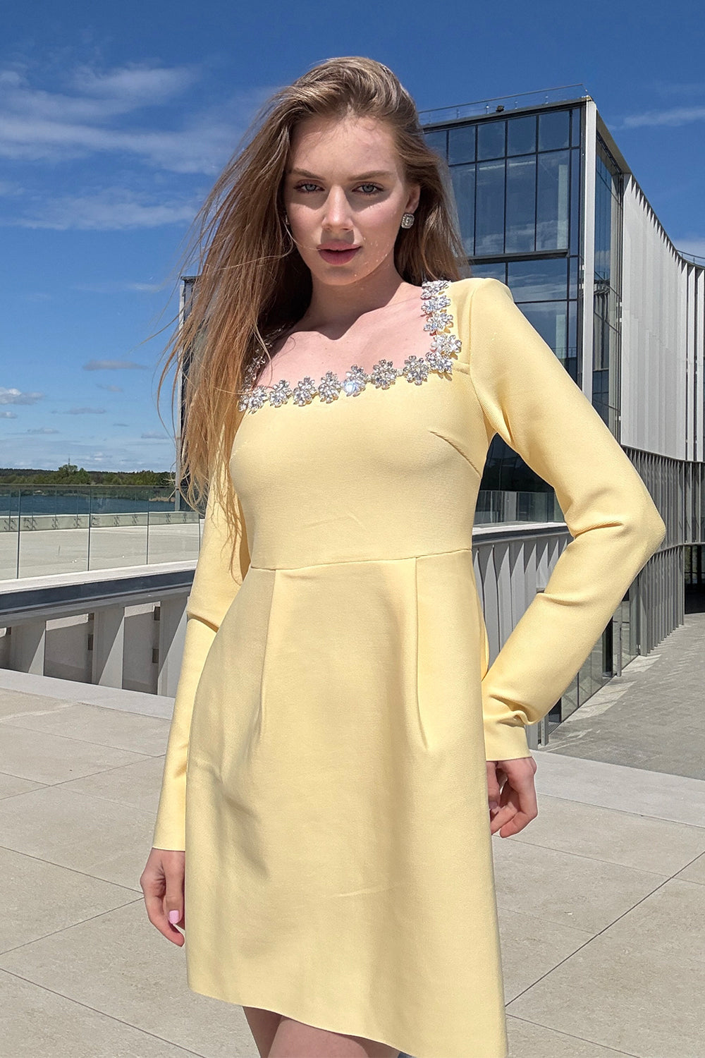 Daisy Embellished Square-Neck Bandage Mini Dress