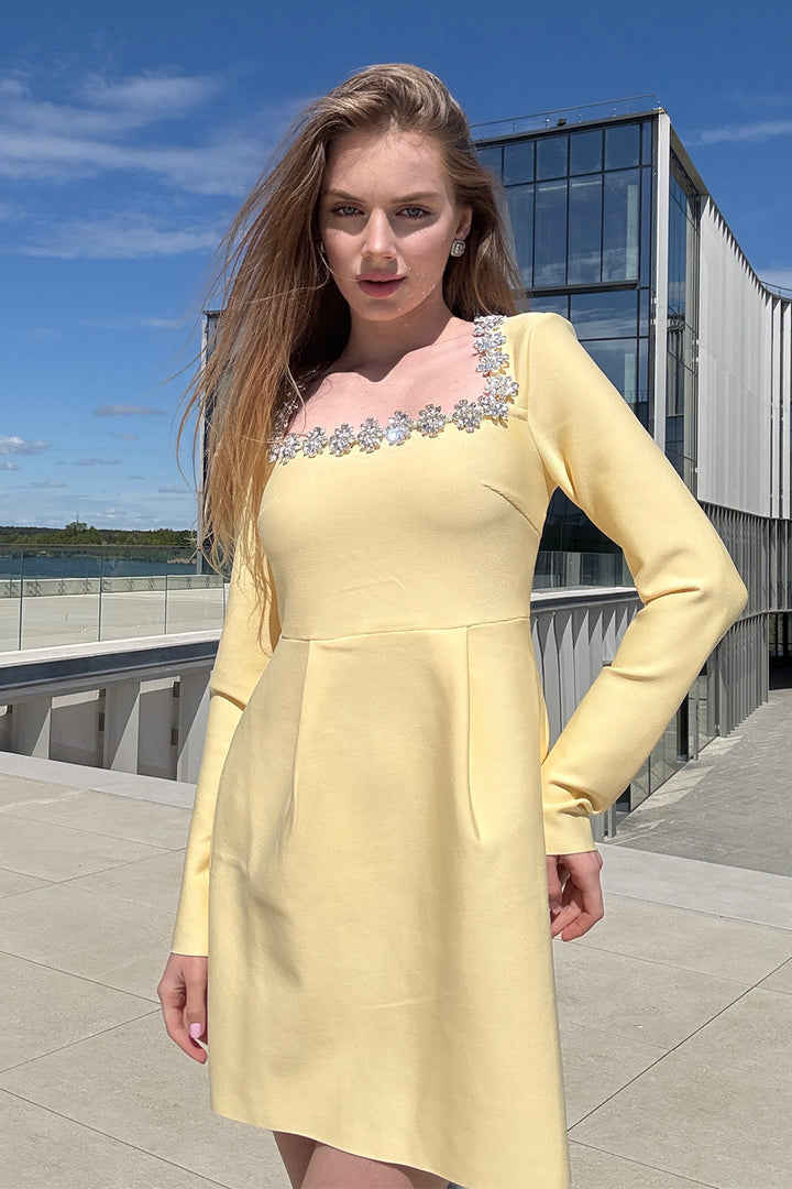 Daisy Embellished Square-Neck Bandage Mini Dress