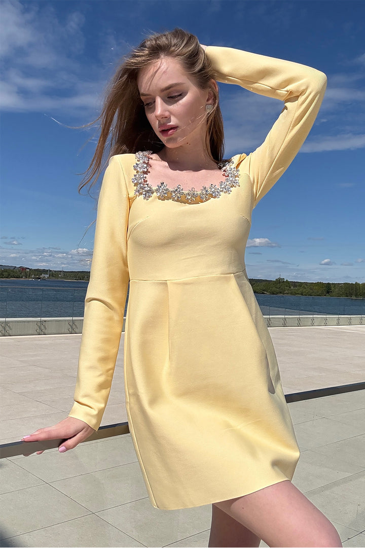 Daisy Embellished Square-Neck Bandage Mini Dress