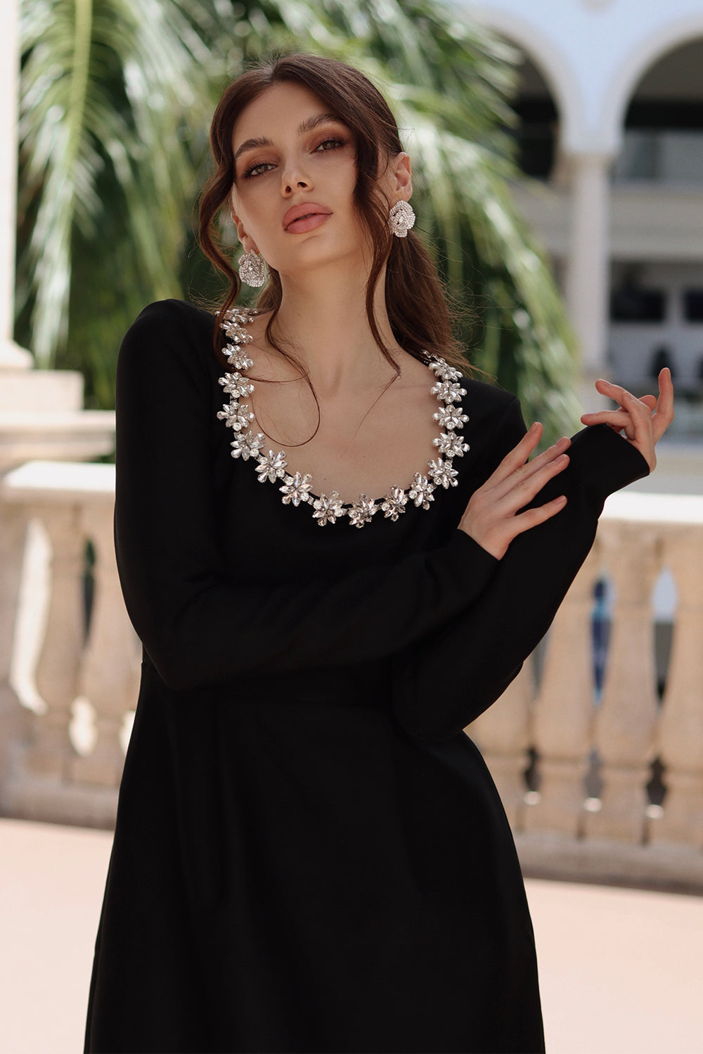 Celeste Black Embellished Long Sleeve Bandage Dress