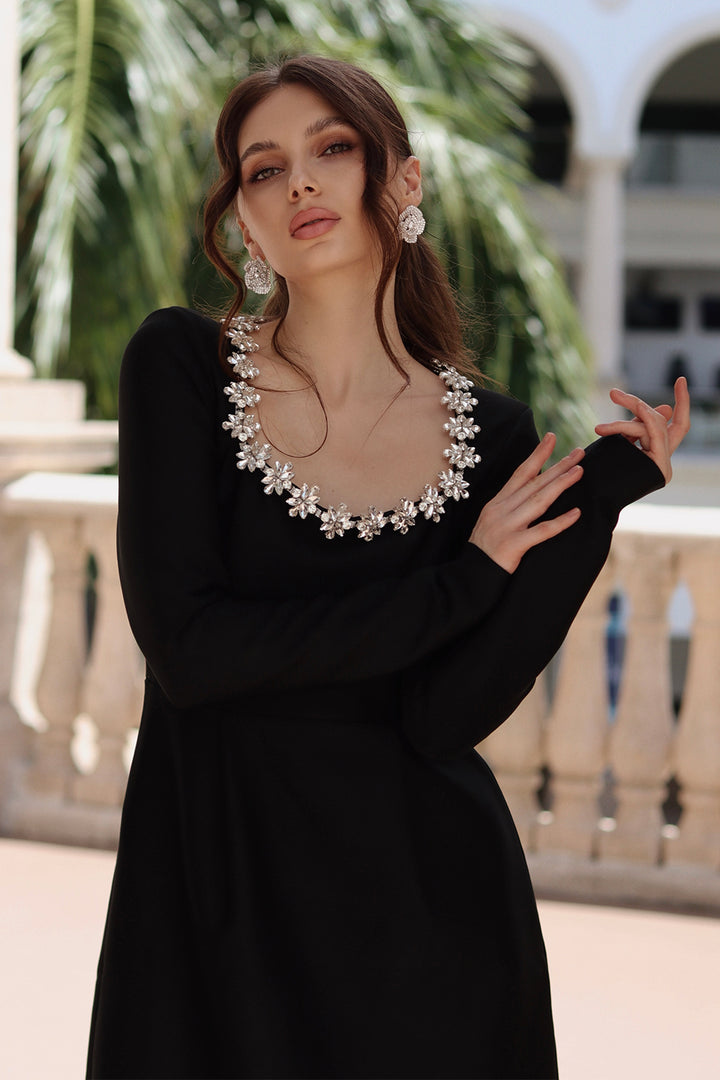 Celeste Black Embellished Long Sleeve Bandage Dress