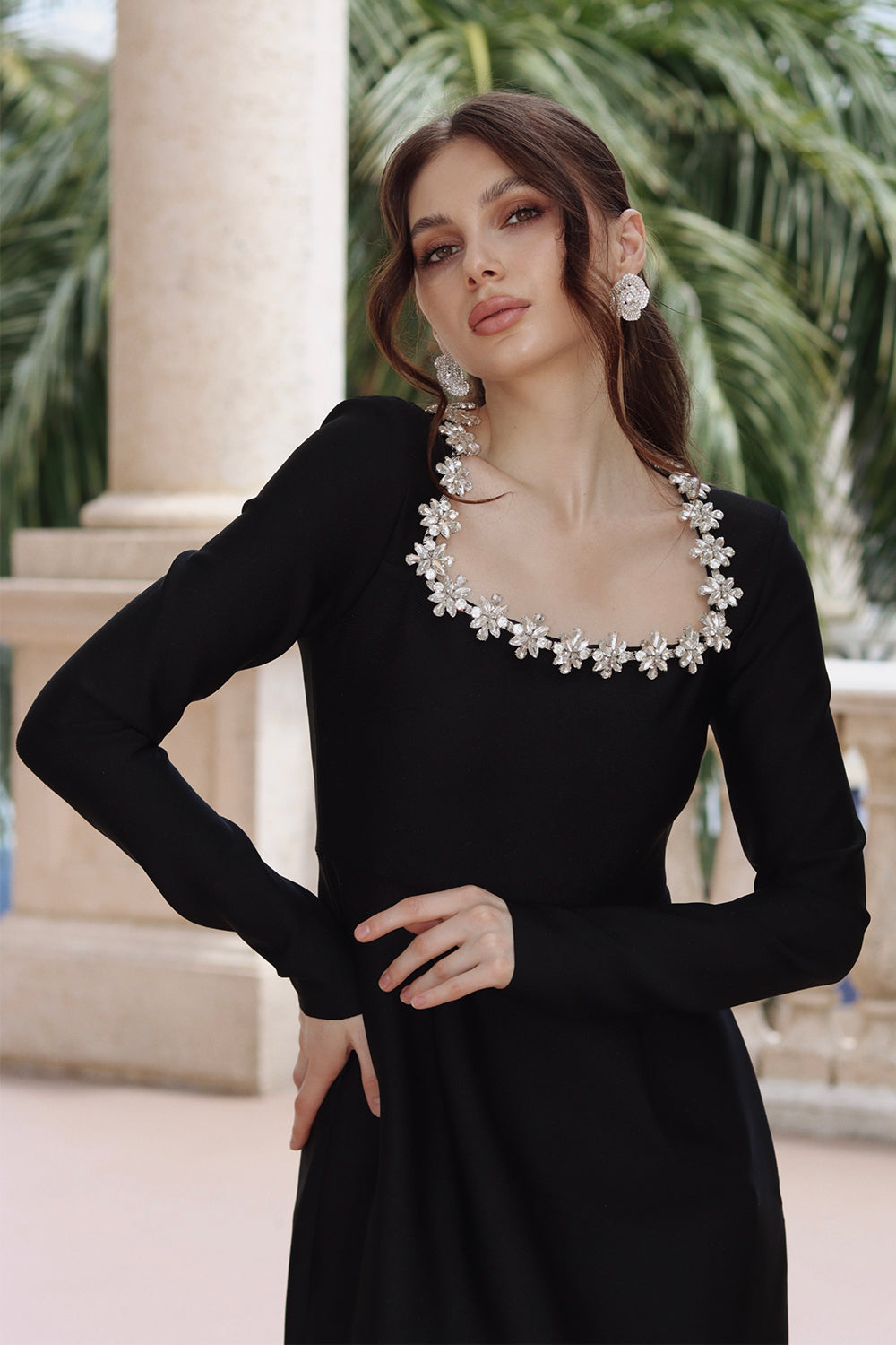 Celeste Black Embellished Long Sleeve Bandage Dress