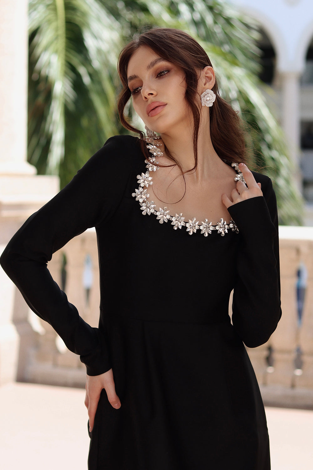 Celeste Black Embellished Long Sleeve Bandage Dress