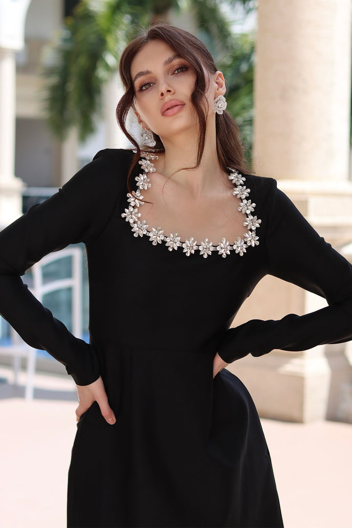 Celeste Black Embellished Long Sleeve Bandage Dress