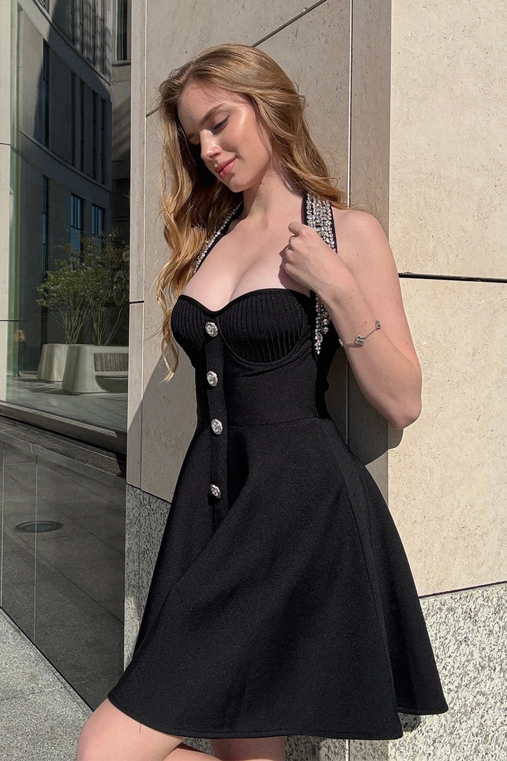 Camille Crystal Button Halter Bandage Dress