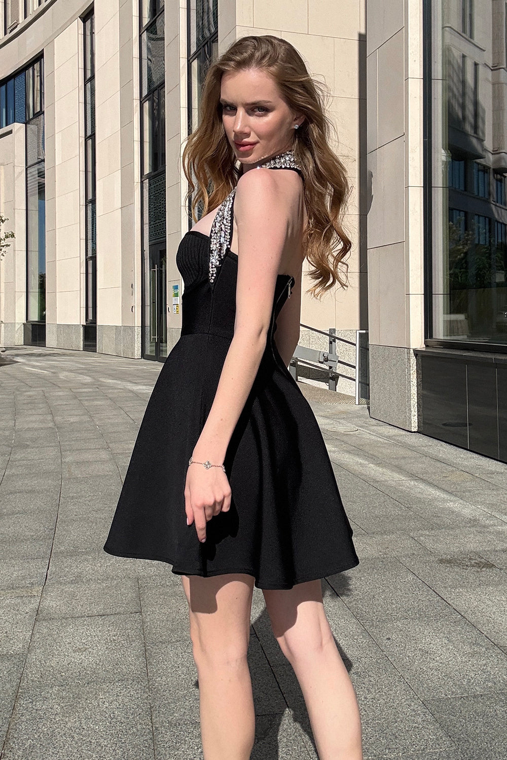 Camille Crystal Button Halter Bandage Dress