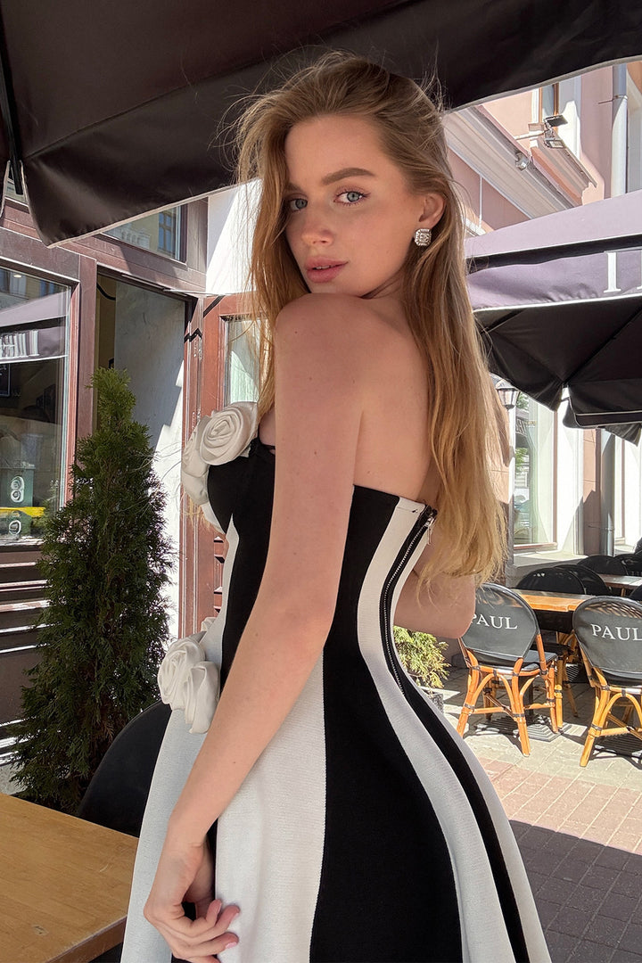 Rosalie Striped Floral Strapless Bandage Dress