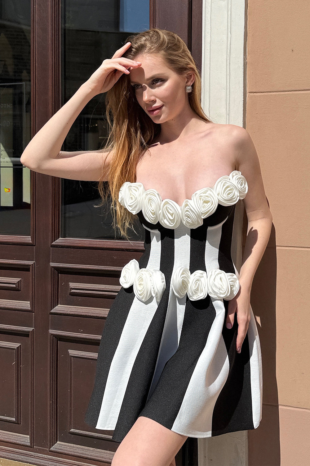 Rosalie Striped Floral Strapless Bandage Dress