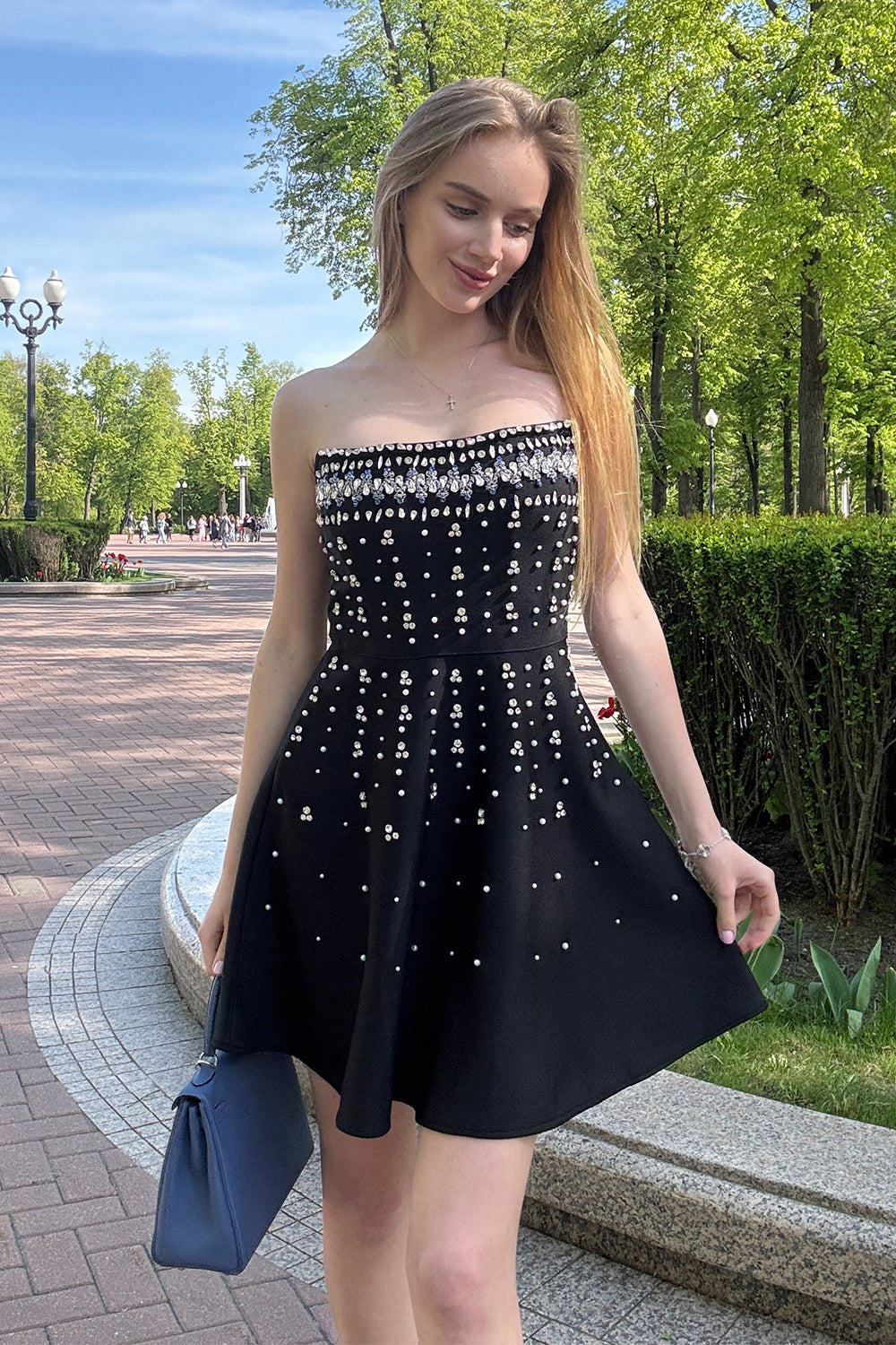 Elodie Pearl Embellished Strapless Bandage Mini Dress