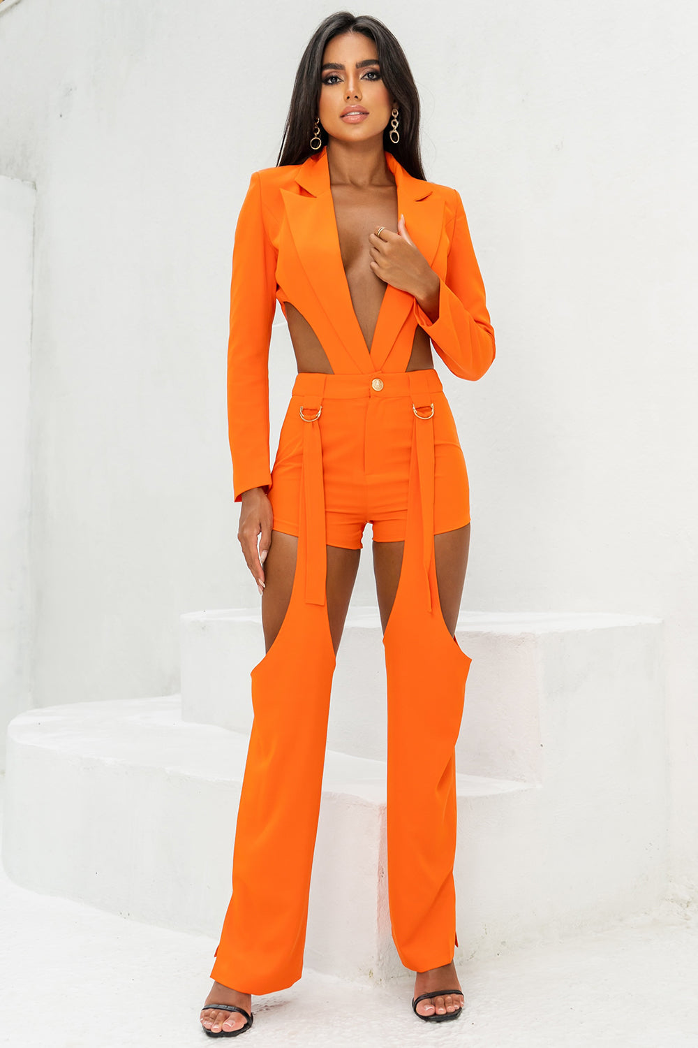 Sesidy Gelsey Collared V-Neck Asymmetric Pantsuits in Orange