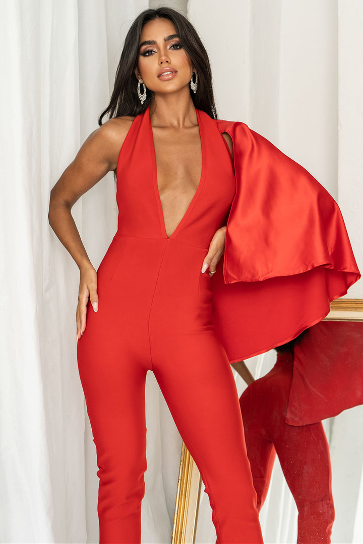 Sesidy Viridis Halter Deep V Draped Jumpsuit in Red