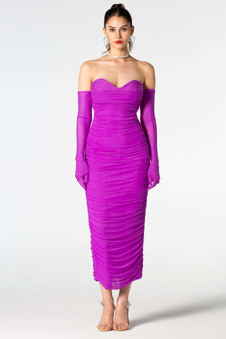 Sesidy Zahra Purple Ruched Bandage Dress in Purple