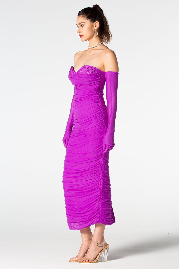 Sesidy Zahra Purple Ruched Bandage Dress in Purple