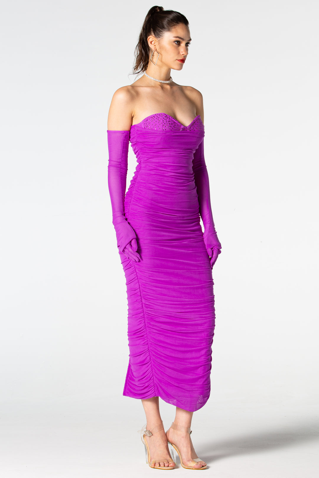 Sesidy Zahra Purple Ruched Bandage Dress in Purple