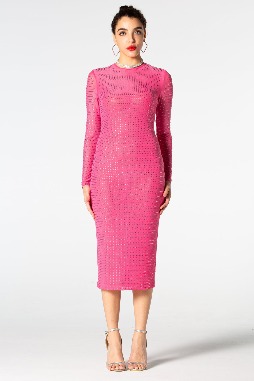 Sesidy Carla Rhinestone Pink Long Sleeve Dress in Pink