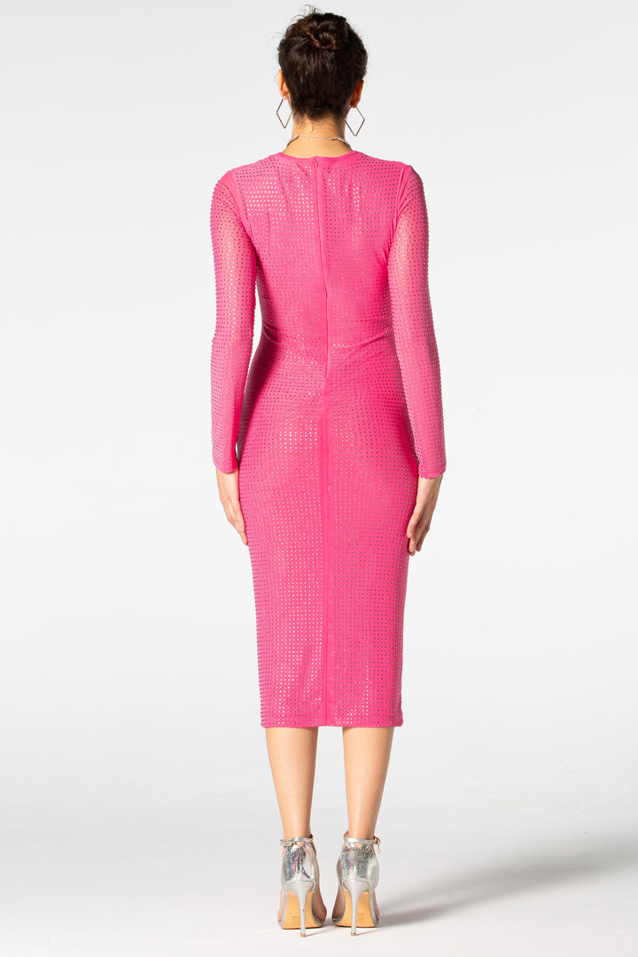 Sesidy Carla Rhinestone Pink Long Sleeve Dress in Pink