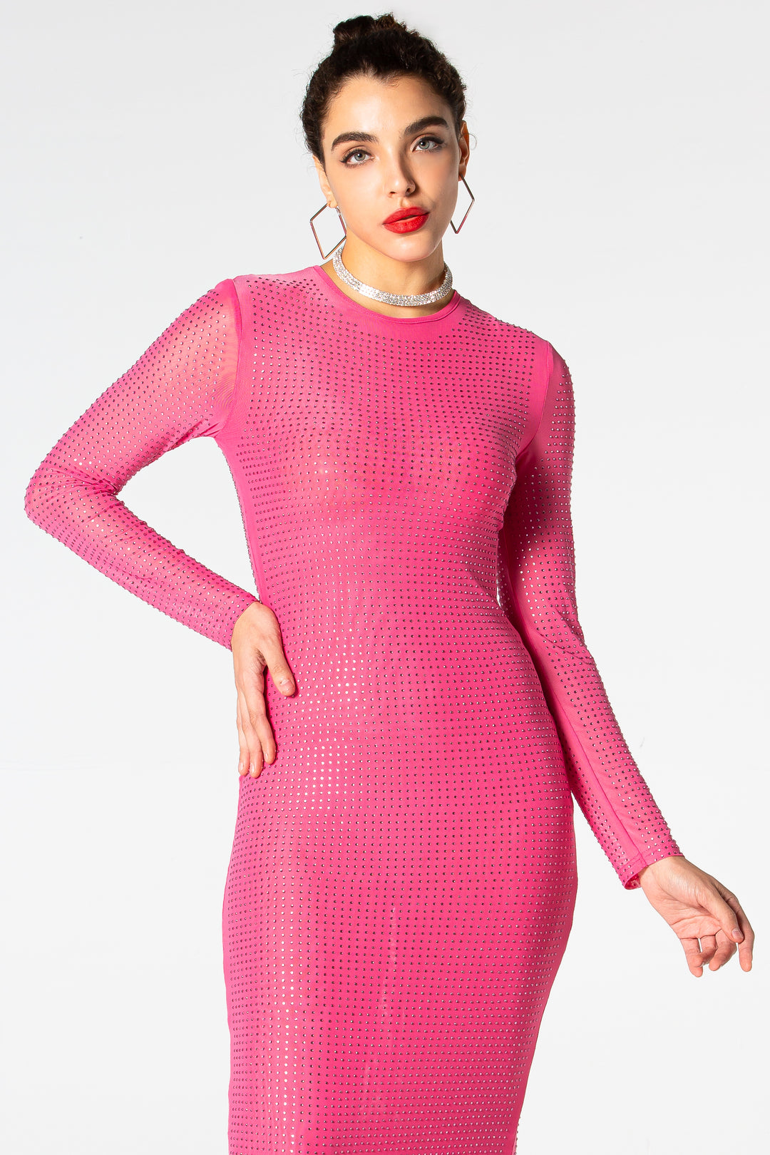 Sesidy Carla Rhinestone Pink Long Sleeve Dress in Pink
