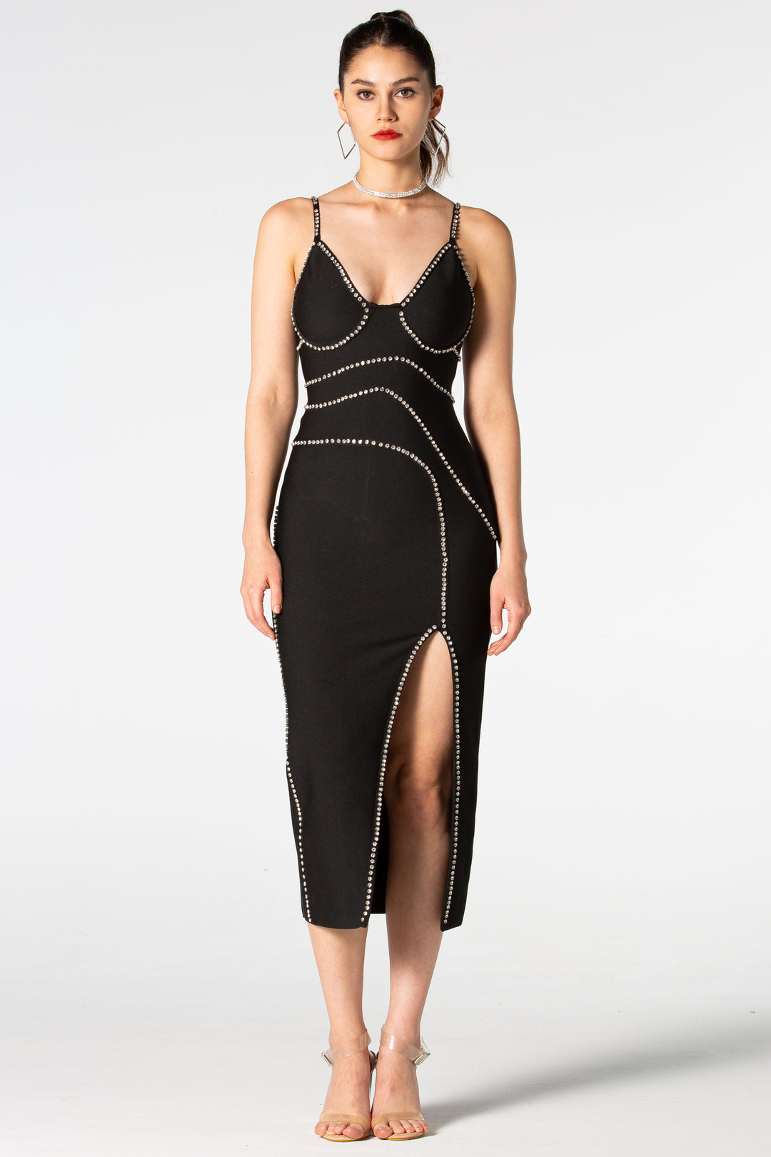 Sesidy-Aarna Rhinestone High Slit Midi Dress-Women's Clothing Online Store