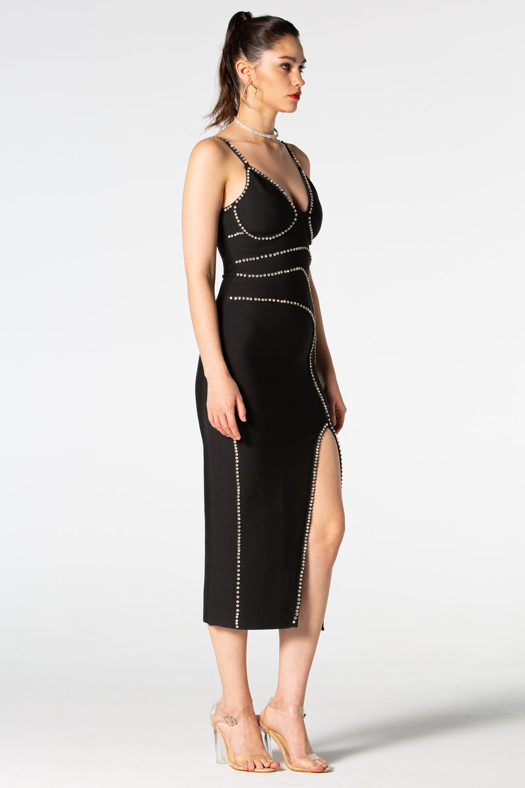 Sesidy-Aarna Rhinestone High Slit Midi Dress-Women's Clothing Online Store