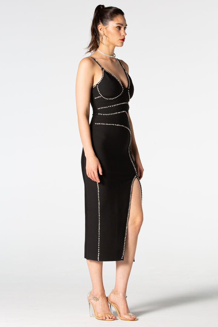 Sesidy-Aarna Rhinestone High Slit Midi Dress-Women's Clothing Online Store