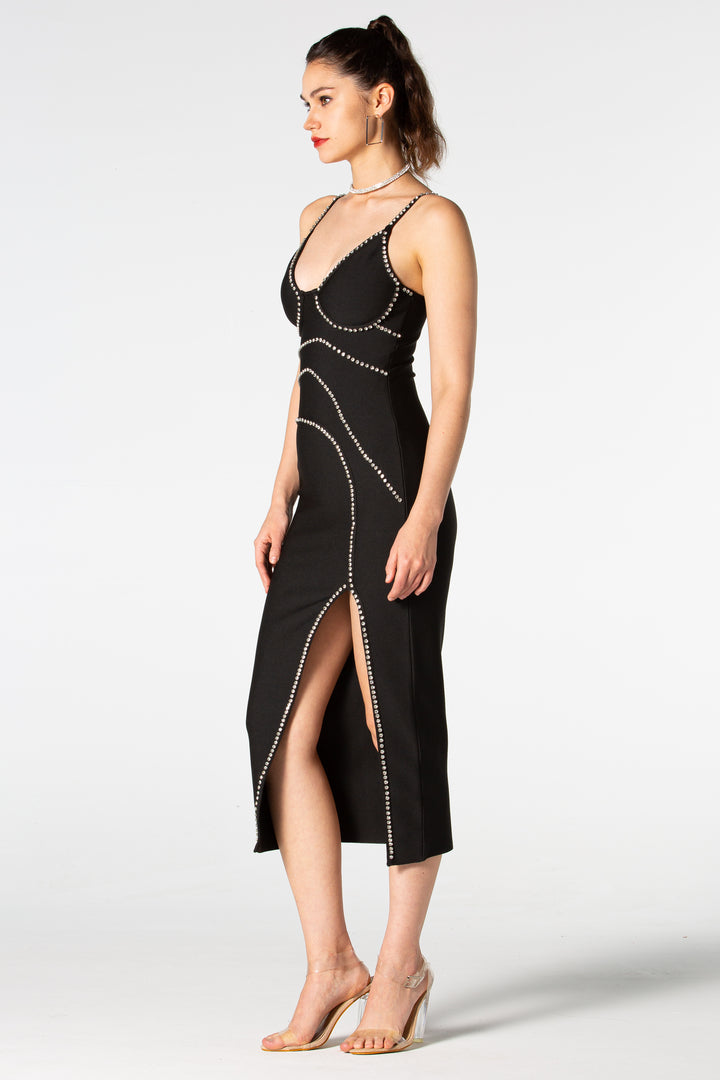 Sesidy-Aarna Rhinestone High Slit Midi Dress-Women's Clothing Online Store